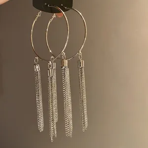 Elegant silver needle round hoop earrings featuring long dangling chain tassels in retro style