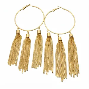 Vintage style gold large hoop earrings featuring multiple long hanging chain tassel dangles
