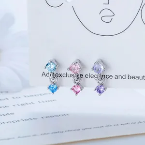 Elegant sweet style double zircon stud earrings for cartilage piercing in three colors