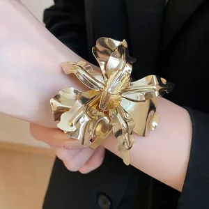 Statement large metallic gold flower open cuff bracelet for women elegant hand jewelry