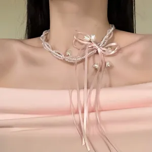 Sweet Balletcore Pink Ribbon Bow Knot Artificial Pearl Necklace With Bell Orchid Flower Pendant For Women Multi-layer Choker Jewelry