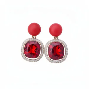 Elegant red matte ball earrings with square red gemstone and sparkling rhinestone halo
