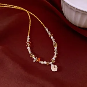 Vintage Yellow Beaded Necklace for Women Copper Zirconia Flower Pendant Light Luxury Minimalist Neck Jewelry Accessory