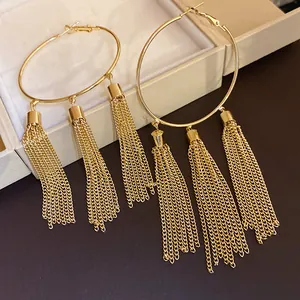 Detailed view of gold hoop earrings with multi-chain tassel dangles