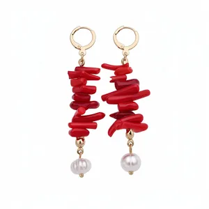 Vintage-style red resin coral and white pearl tassel dangle hoop earrings for women