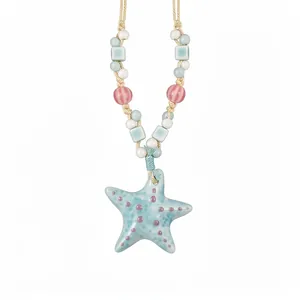 Charming dopamine style ceramic starfish pendant necklace with colorful beads and woven cord