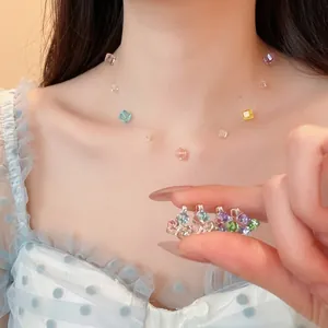 Koreanischer Stil Meerjungfrauen Tränen Bunte Transparente Glas Quadrat Perlen Halskette Ohrringe Kupfer Silber Ohrringpfosten Schmuck