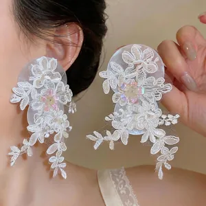 French Style Sweet White Lace Flower Tassel Drop Earrings With 925 Sterling Silver Earring Post For Wedding Party Women Jewelry