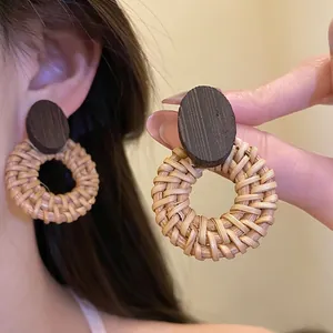 Vintage Ethnic Rattan Weaving Round Drop Earrings With Wood Geometric 925 Sterling Silver Earring Post For Women Handmade Jewelry