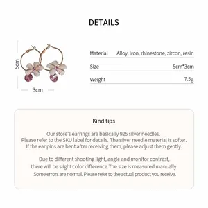 Detailed specifications of flower hoop earrings featuring resin petals and zircon inlay
