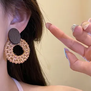 Ethnic style retro rattan woven round earrings with wood stud and silver needle