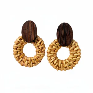 Retro ethnic style wooden and rattan woven circular stud earrings for women's fashion jewelry