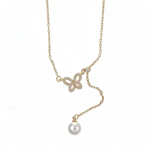 Elegant 18k gold plated butterfly necklace featuring pearl drop and zircon accents