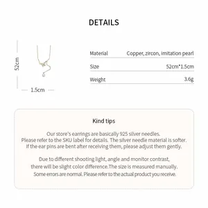 Detailed view of butterfly and pearl necklace featuring dimensions and material specifications