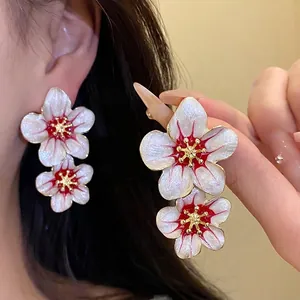 Vintage Enamel Flower Stud Earrings For Women White Red Floral Jewelry With Silver Earring Post Elegant Retro Earrings