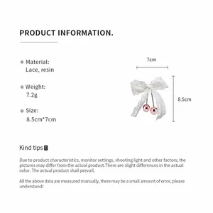 Detail showing material and size dimensions for the lace bow cherry duckbill hair clip