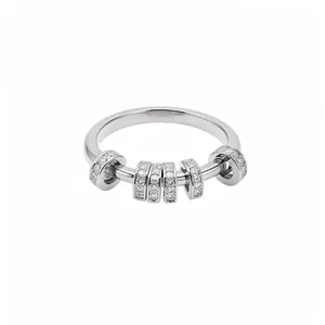 Elegant minimalist silver geometric ring featuring multiple zircon-encrusted moving bands
