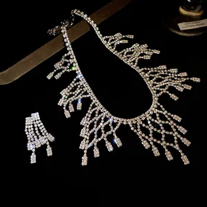 Exquisite close-up of sparkling rhinestone fringe necklace and matching earrings set