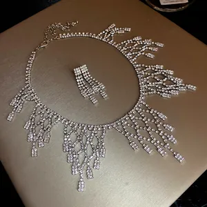 Detailed view of this luxury silver rhinestone fringe necklace and earring set