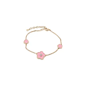 Sweet style gold-plated bracelet featuring pink flower charms with a central zircon stone.