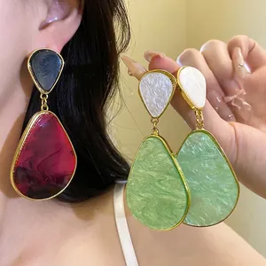 Retro Resin Water Drop Dangle Earrings with Silver Earring Post Elegant Marble Pattern Geometric Drop Earrings Women Jewelry