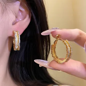18K Gold Plated Round Zirconia Stud Earrings With Silver Earring Post Elegant Light Luxury Geometric Hoop Earrings For Women Jewelry