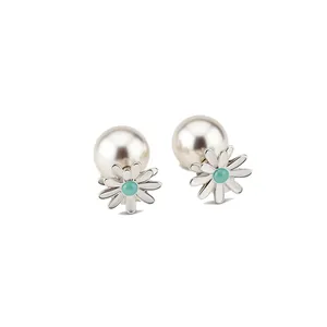 Elegant silver daisy flower and pearl stud earrings featuring a green enamel center