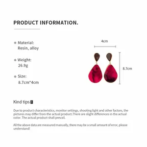 Product specification details for teardrop resin earrings with dimensions and material info.