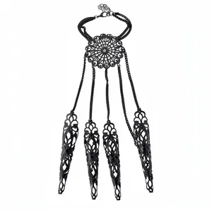 Gothic black filigree finger armor hand chain bracelet with intricate hollow design