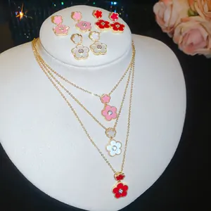Detailed view of gold-plated zircon flower necklace and earrings jewelry set for women