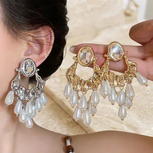 Exaggerated Alloy Rhinestone Oval Artificial Pearl Tassel Drop Earrings For Women French Vintage Luxury Statement Earrings Jewelry