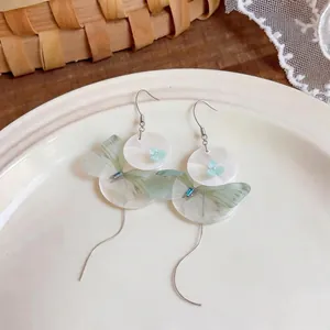 Elegant chiffon butterfly and shell flower drop earrings with long silver tassels for women