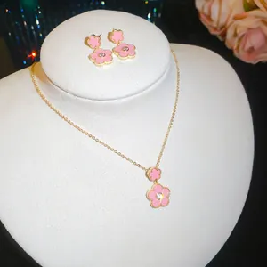 Detailed view of sweet pink flower jewelry set featuring gold-plated necklace and earrings