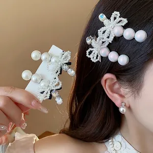 French Style Elegant Alloy Artificial Pearl Rhinestone Bowtie Hair Clip Exquisite Duckbill Clip For Women Party Hair Accessories