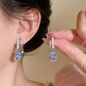 Elegante silberne Ohrringe mit Flaschenkürbis-Anhänger, rosa/blauen Steinen und Perlen.