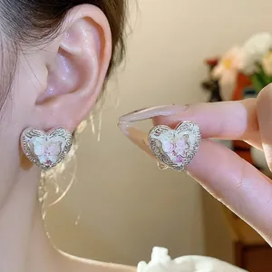 Orecchini a Bottone in Argento Sterling S925 Madreperla Farfalla Cuore per Donna Gioielli di Moda Eleganti Vintage Regalo