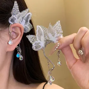 Elegant Butterfly Lace Ear Cuff With Rhinestone And Crystal Pendant Alloy Silver White Wedding Party Jewelry For Women
