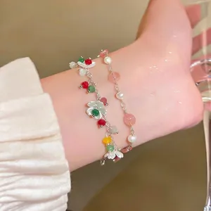 Bracciale stile dopamina placcato oro 14k con perle e ciondoli a forma di fiori colorati