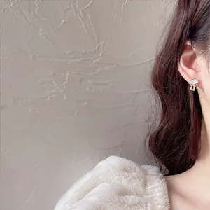 Detail view of cloud-shaped mother-of-pearl stud earrings with shiny zircon drops