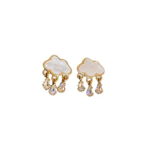 Korean style cloud stud earrings with white mother-of-pearl and dangling zirconia water drops