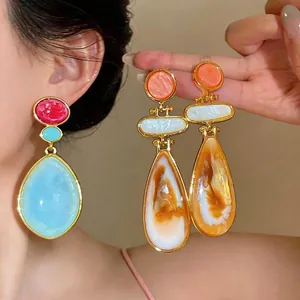 Pendientes de Gota de Resina Vintage de Aleación Chapada en Oro Con Poste de Plata de Ley 925 para Mujer Joyería Retro Artística
