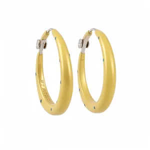 Elegant yellow matte enamel C-shaped hoop earrings with blue polka dots and silver needles