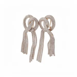 Elegant luxury sparkling full diamond bow knot tassel long dangle earrings for women