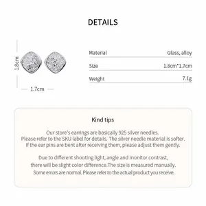 Detailed view of minimalist diamond shape glass stud earrings showing size and 925 silver pins.