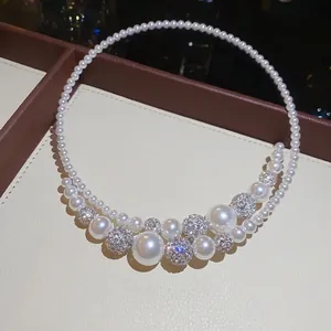 French vintage pearl choker necklace with sparkling rhinestone accents for women