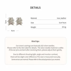 Detailed measurements and material specifications for French retro leather floral earrings
