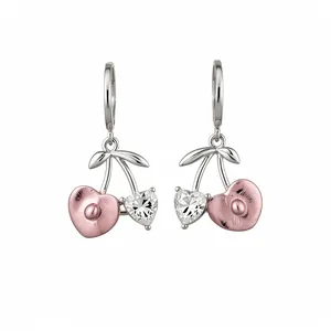 Sweet silver cherry heart earrings with pink resin and clear sparkling crystals