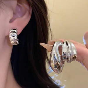 Retro silver chunky drop earrings set featuring unique textured ribbed design for women