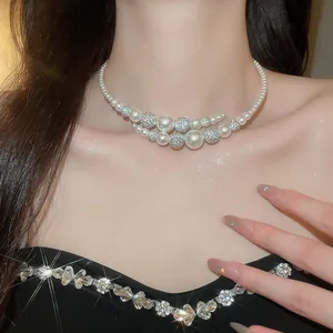 Macro detail of elegant French vintage double-layer pearl choker with crystal beads