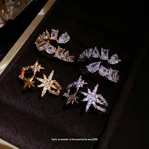 Luxurious cubic zirconia star and geometric open rings set in gold and silver plating